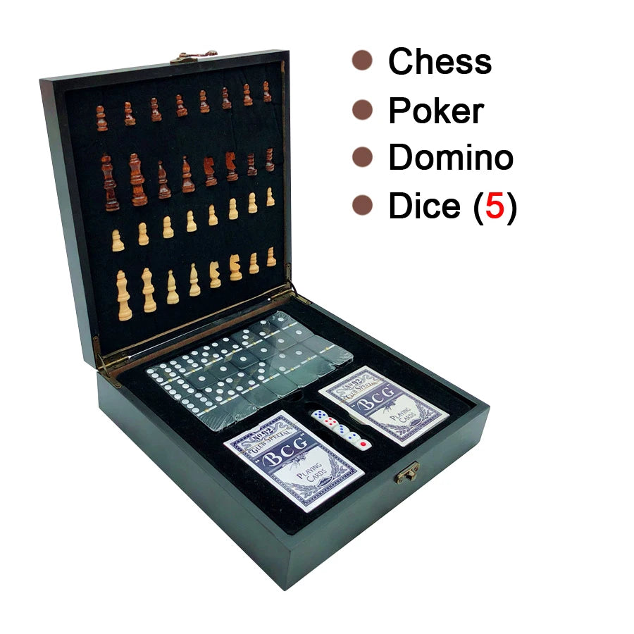 Wooden Chess Set Mobile Chess Game Dice Poker Dominoes 4 in 1