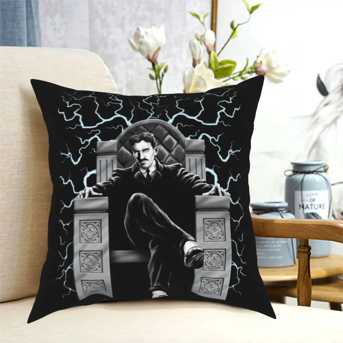 Nikola Tesla covered with a pillow