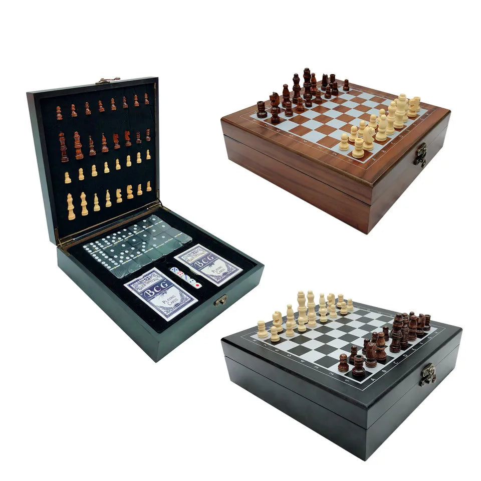 Wooden Chess Set Mobile Chess Game Dice Poker Dominoes 4 in 1