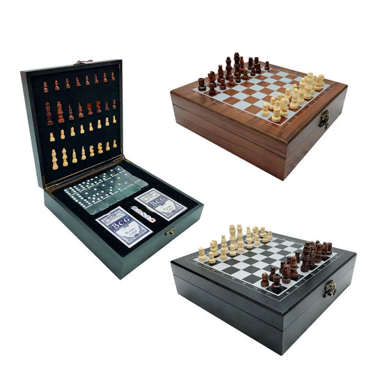 Wooden Chess Set Mobile Chess Game Dice Poker Dominoes 4 in 1