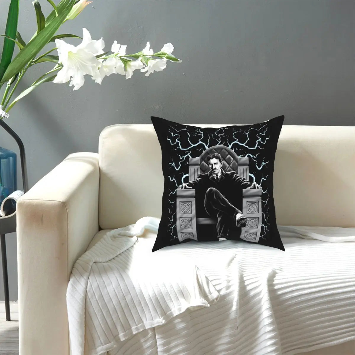 Nikola Tesla covered with a pillow