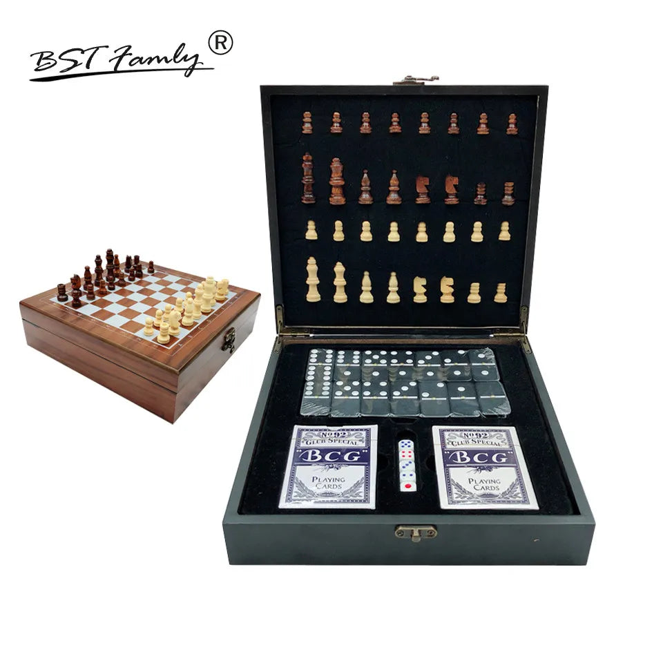 Wooden Chess Set Mobile Chess Game Dice Poker Dominoes 4 in 1