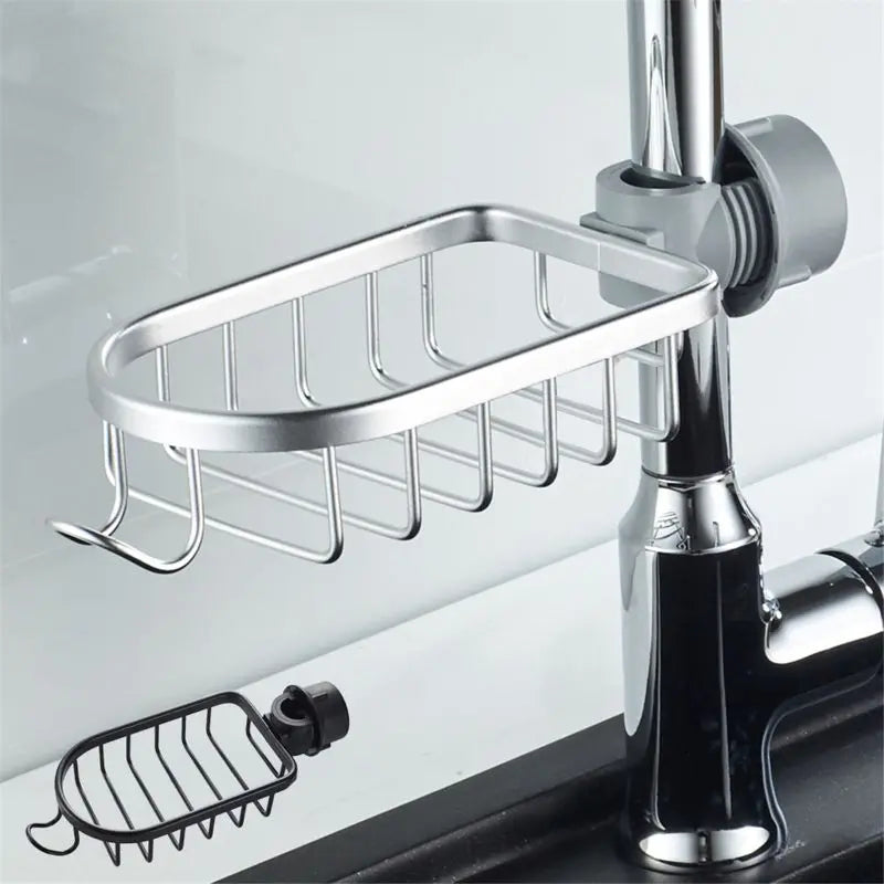 Black and white adjustable bathroom faucet drain shelf