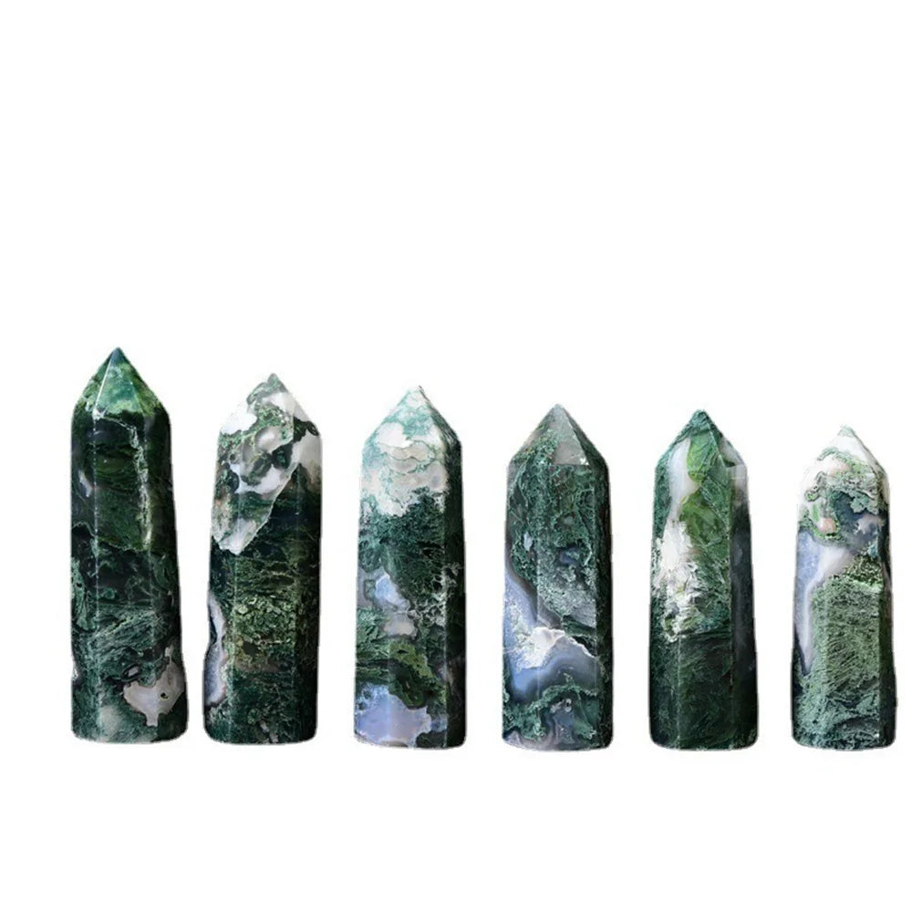 Natural Water Grass Agate Single Pointed Column With Hole Raw Stone Polished Crystal Hexagon Prism Home Decoration Ornaments