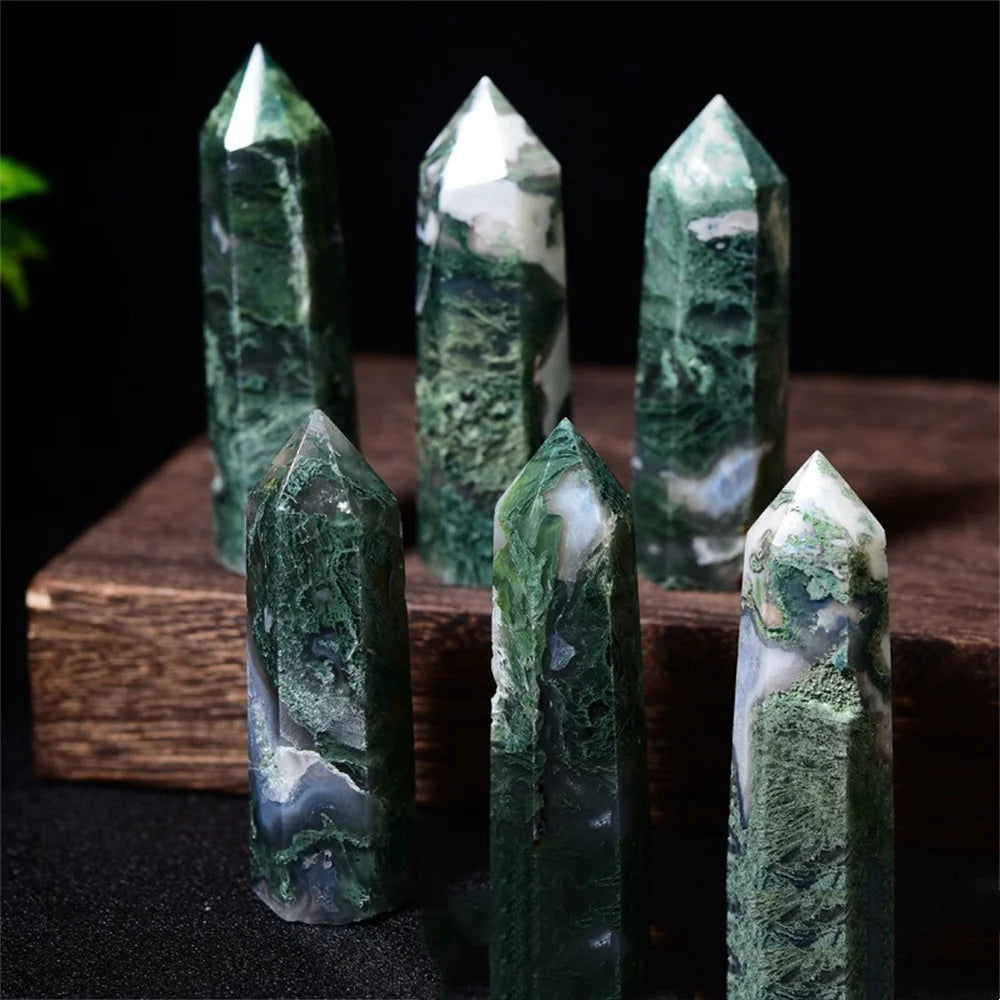 Natural Water Grass Agate Single Pointed Column With Hole Raw Stone Polished Crystal Hexagon Prism Home Decoration Ornaments