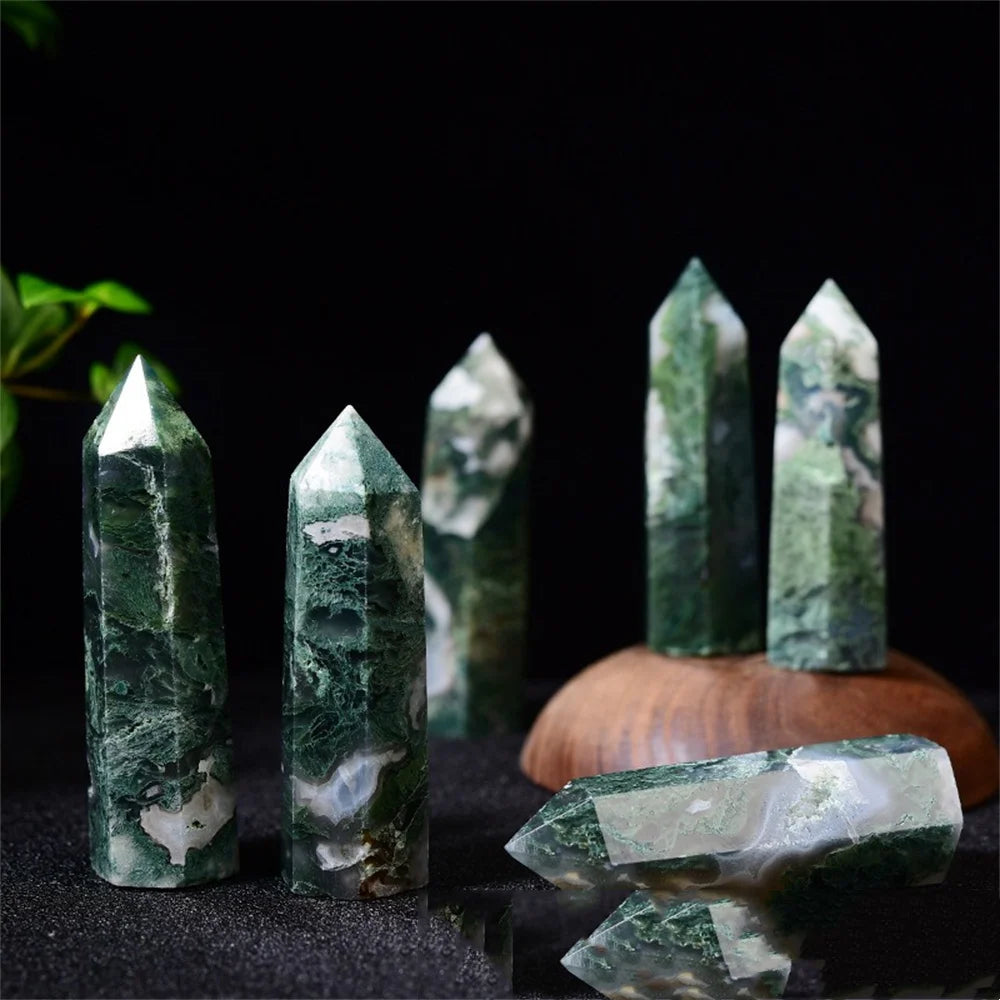 Natural Water Grass Agate Single Pointed Column With Hole Raw Stone Polished Crystal Hexagon Prism Home Decoration Ornaments