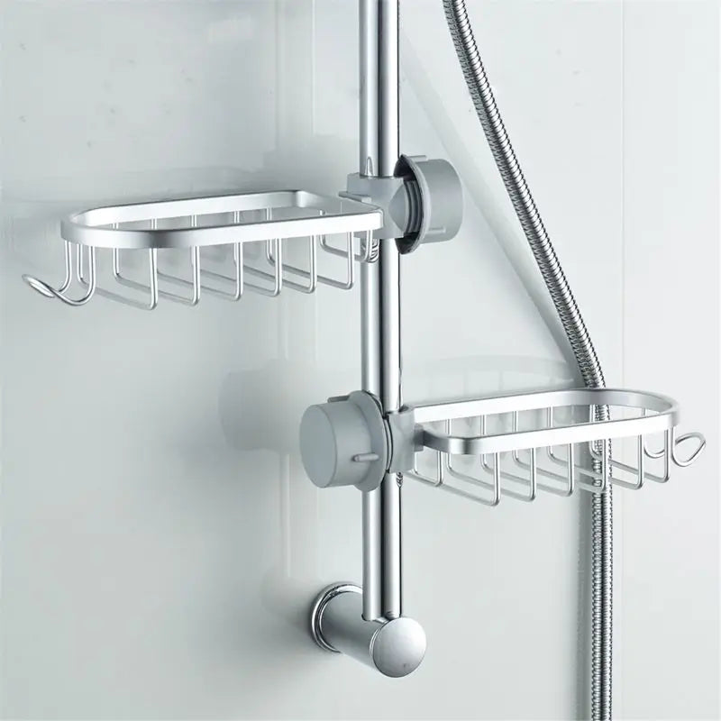 Black and white adjustable bathroom faucet drain shelf