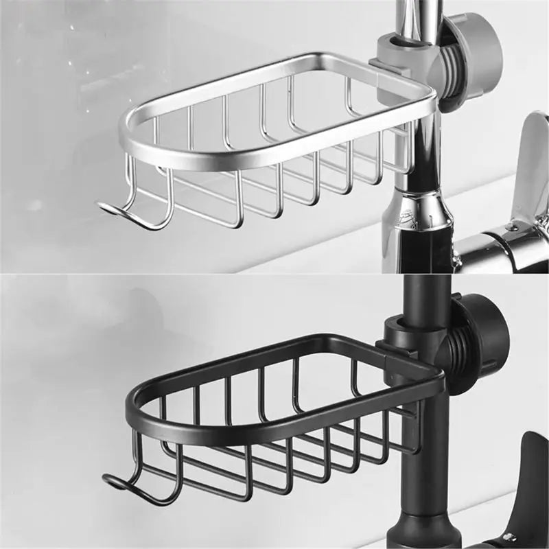 Black and white adjustable bathroom faucet drain shelf