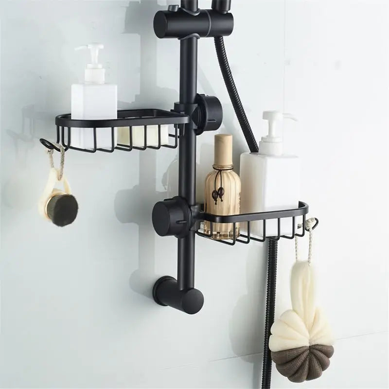 Black and white adjustable bathroom faucet drain shelf