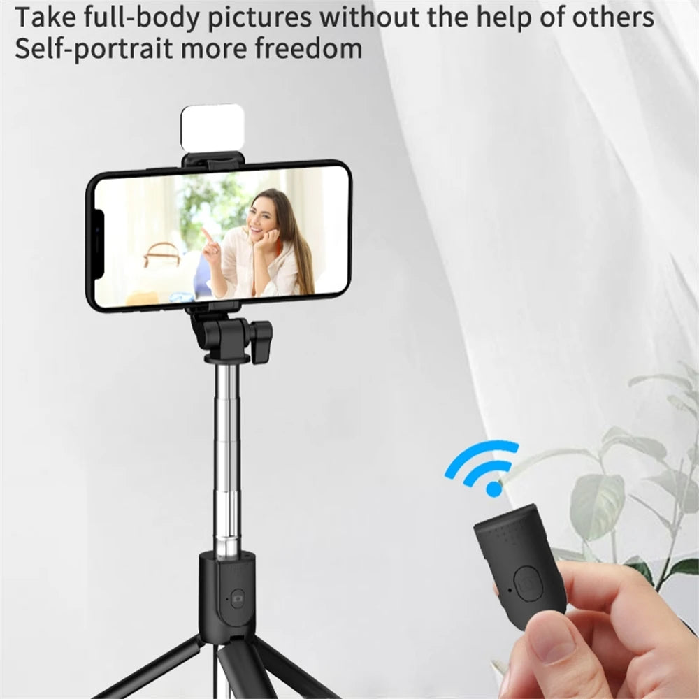 Foldable selfie stand with colorful LED lighting and 740 mm long mini tripod for live streaming and video on Tiktok and YouTube