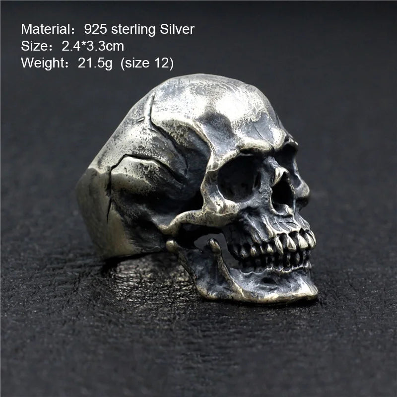 Heavy Punk Skull Rings For Men Real 925 Sterling Silver Jewelry Motorcycle Biker Rings Skeleton Finger Band