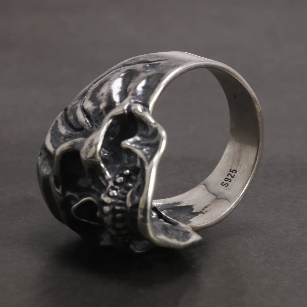 Heavy Punk Skull Rings For Men Real 925 Sterling Silver Jewelry Motorcycle Biker Rings Skeleton Finger Band