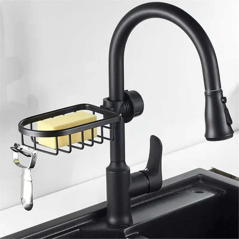 Black and white adjustable bathroom faucet drain shelf