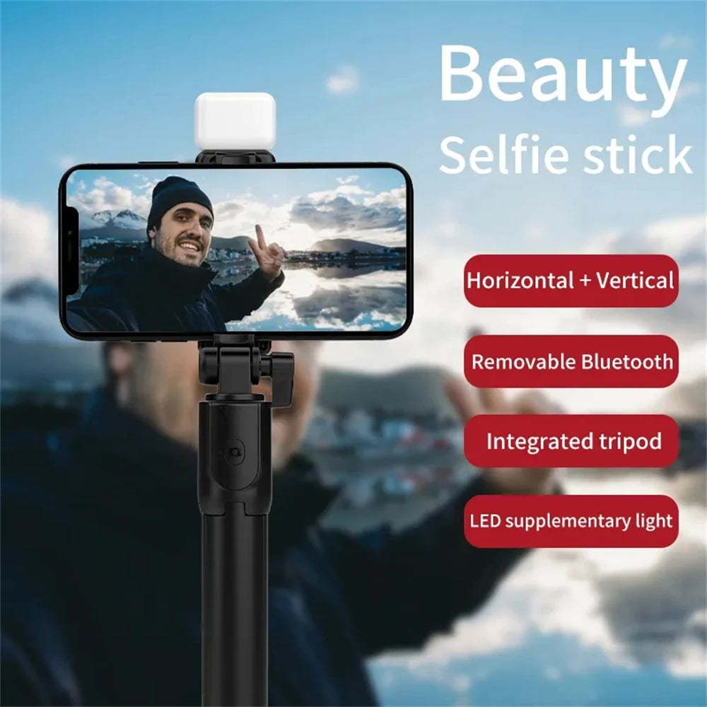 Foldable selfie stand with colorful LED lighting and 740 mm long mini tripod for live streaming and video on Tiktok and YouTube