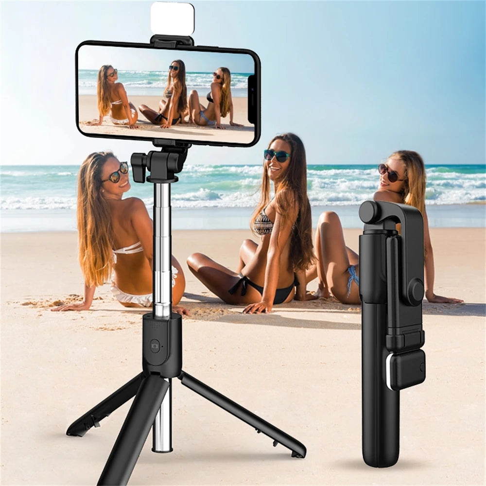 Foldable selfie stand with colorful LED lighting and 740 mm long mini tripod for live streaming and video on Tiktok and YouTube