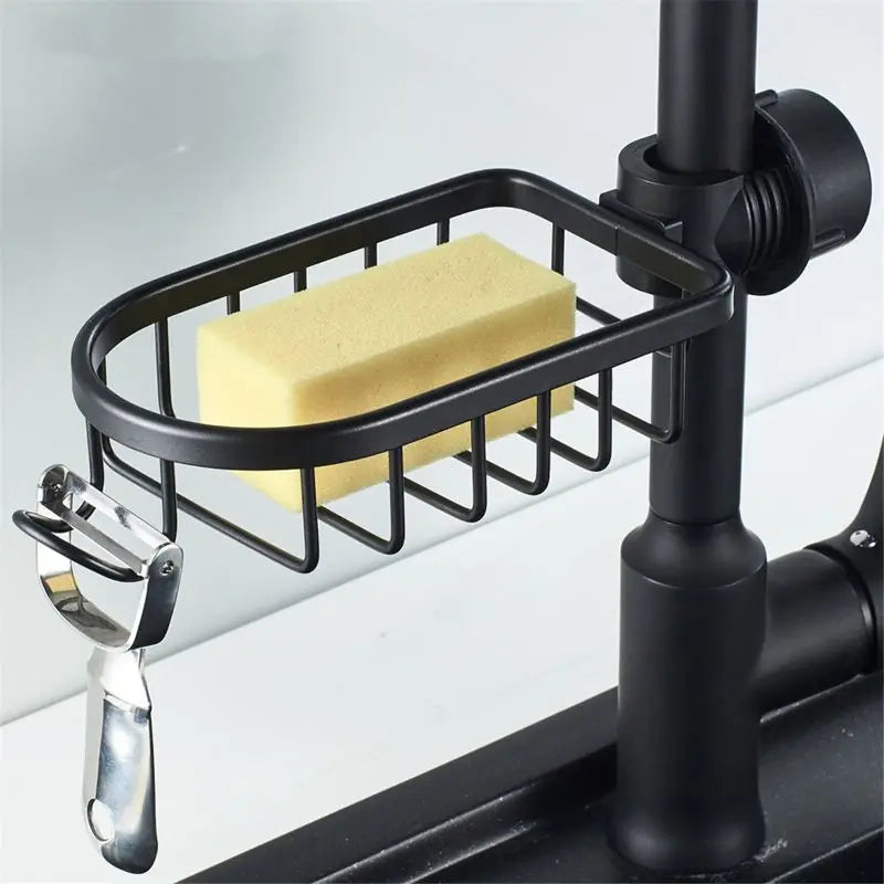 Black and white adjustable bathroom faucet drain shelf