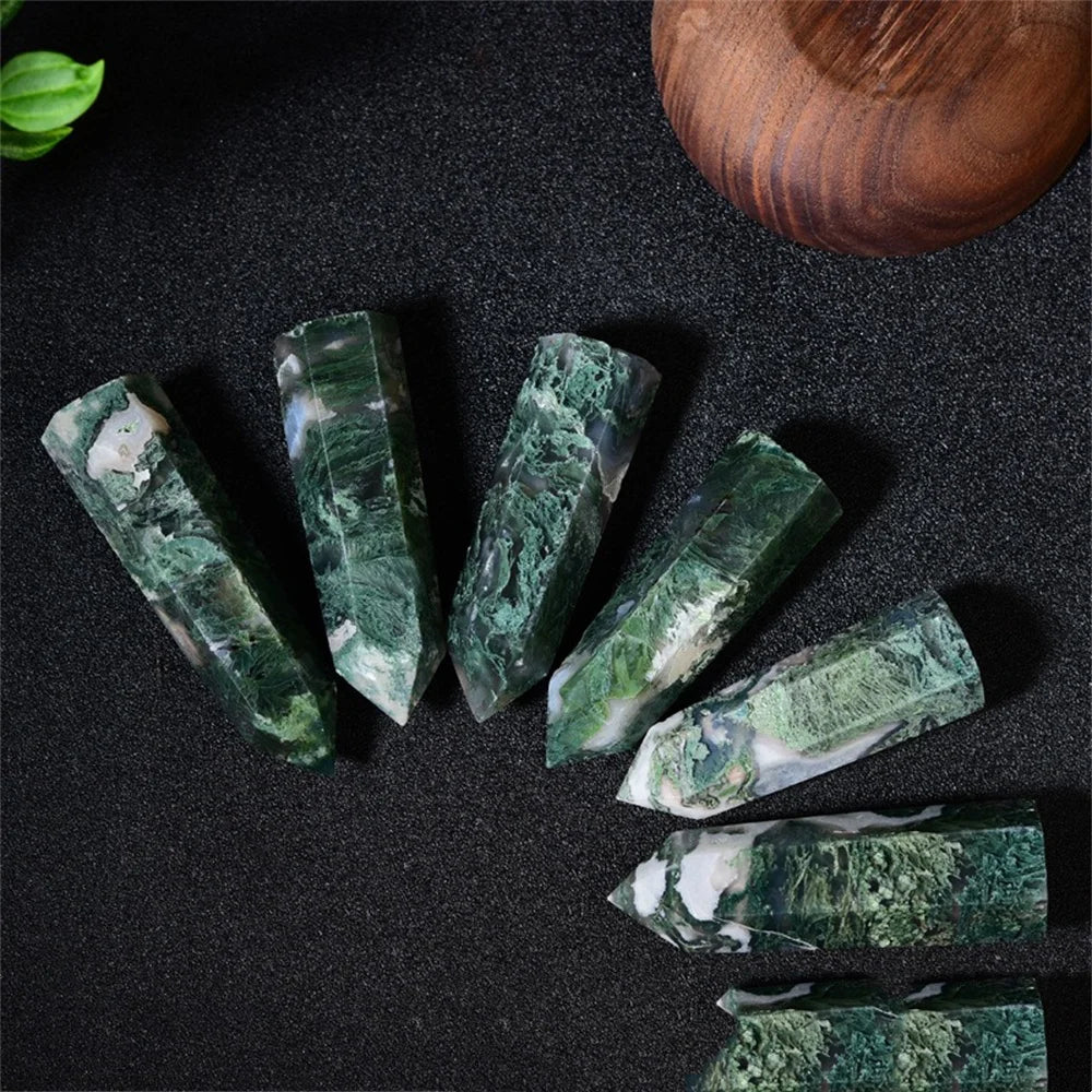 Natural Water Grass Agate Single Pointed Column With Hole Raw Stone Polished Crystal Hexagon Prism Home Decoration Ornaments