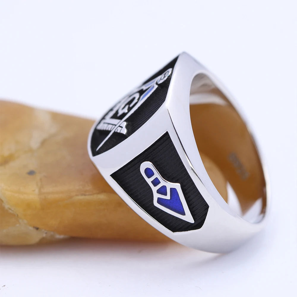 Ancient Freemasonry Bule Color Symbol Master Mason Masonic Sterling Silver Ring